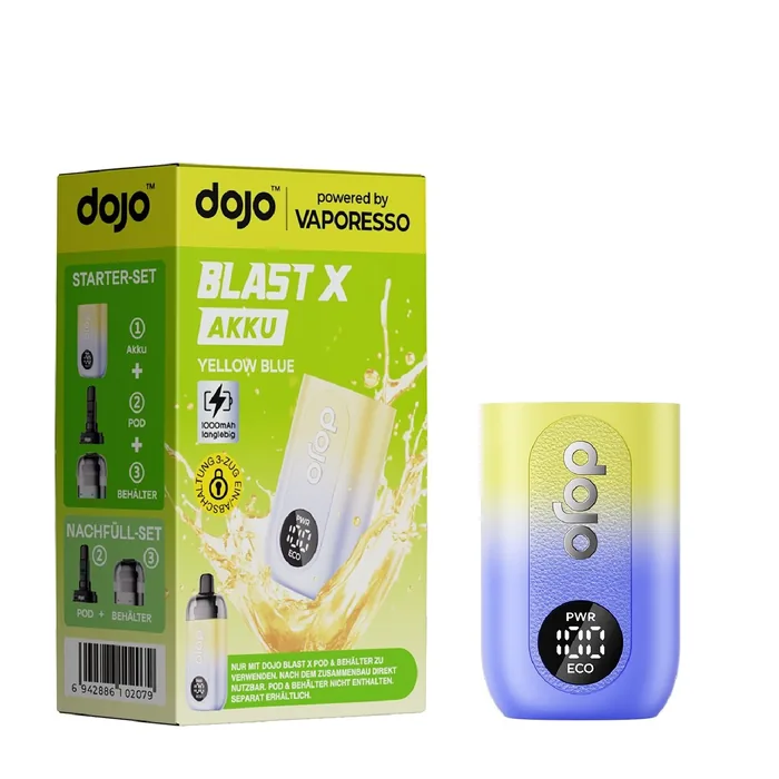DOJO Blast X Akku Limited Edition Yellow Blue mit Verpackung