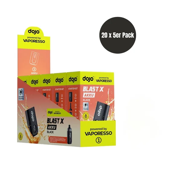 Verkaufsdisplay mit fünf DOJO Blast X Akkus